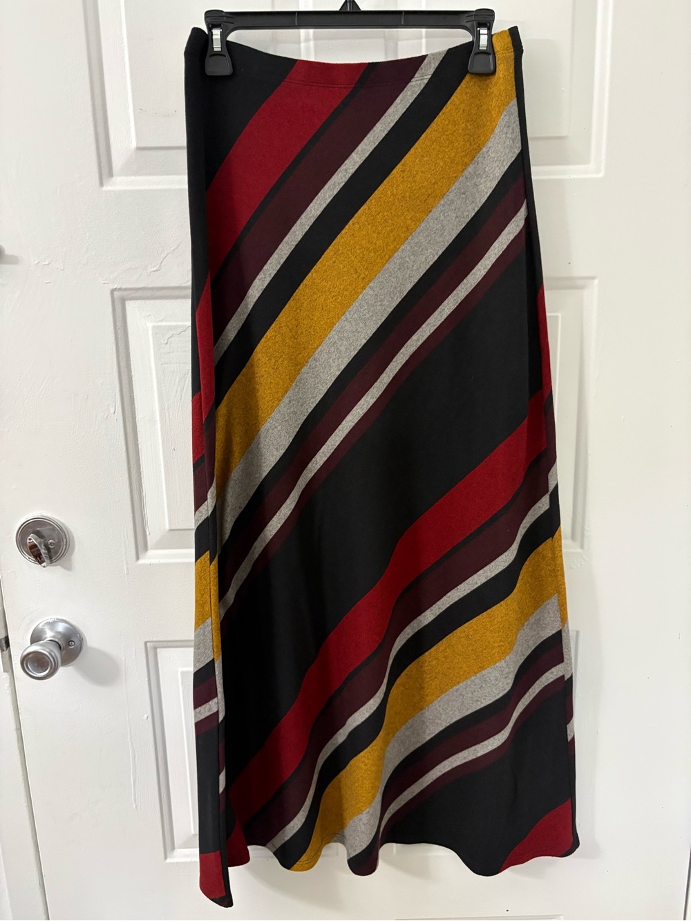 A-line Maxi Skirt with Diagonal Stripes in Black, Red & Mustard
